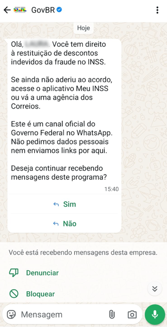 INSS envia WhatsApp para 500 mil aposentados e pensionistas