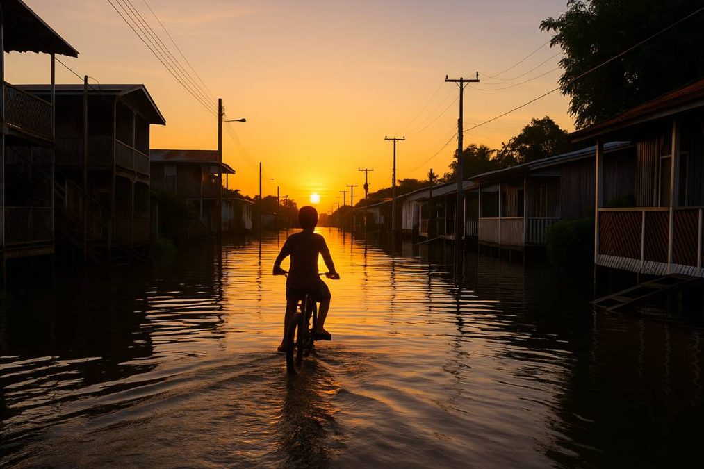 Menino pedala em rua alagada ao pôr do sol em Anamã.