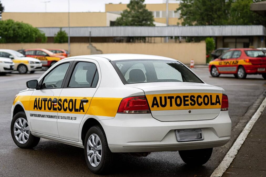 Carro de autoescola branco em pátio de treinamento para CNH