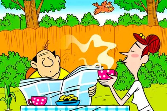 casal tomando café da manhã ao ar livre; há três rostos ocultos escondidos na cena.