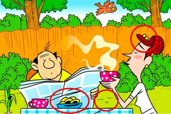 casal tomando café da manhã ao ar livre; há três rostos ocultos escondidos na cena.