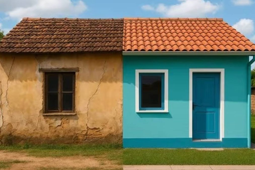 casa reformada e colorida do outro, representando a transformação possível com o Reforma Casa Brasil