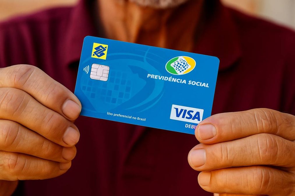 aposentado com cartão do INSS na mão