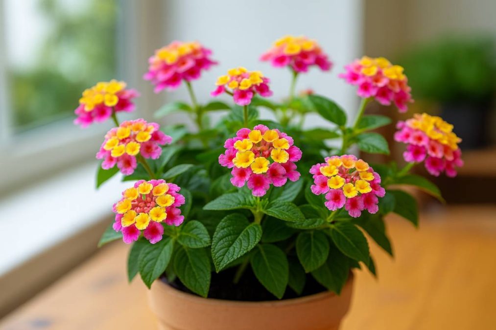 Vaso com flores coloridas de Lantana em tons de rosa e amarelo.