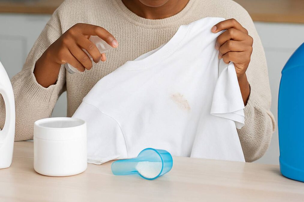 mulher limpando a roupa com tira-manchas