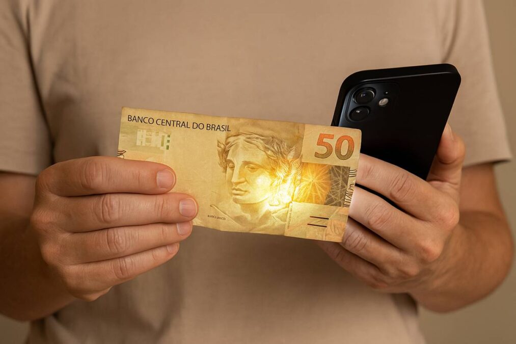 mãos segurando uma nota de 50 reais para saber se é verdadeira ou falsa