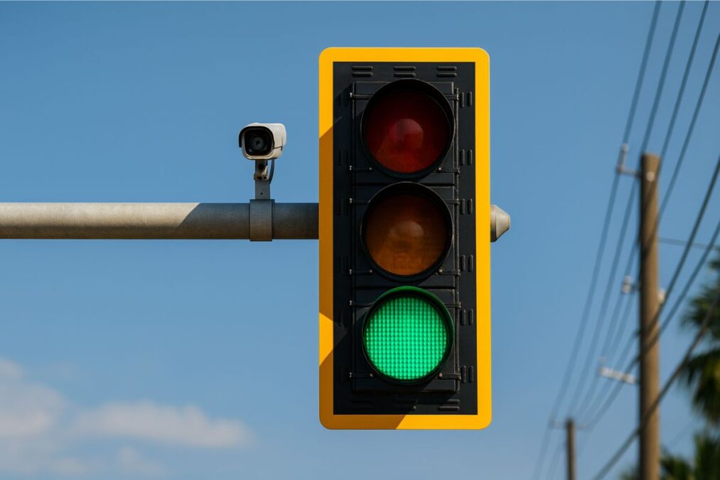 Semáforo inteligente com borda amarela e câmera de monitoramento