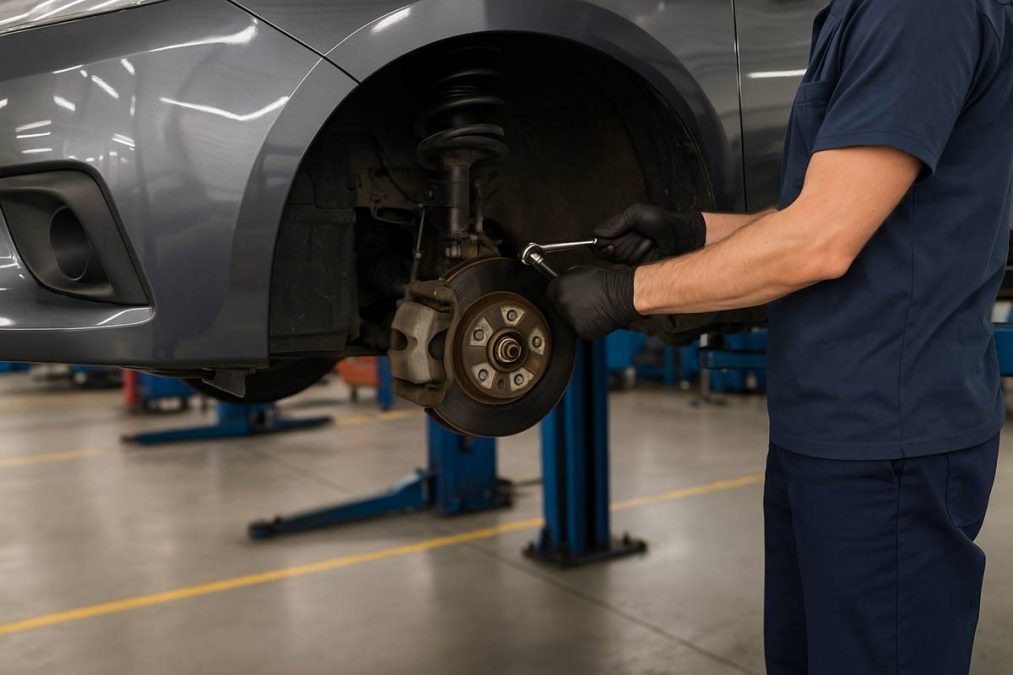 Carro em uma oficina com mecânico trabalhando
