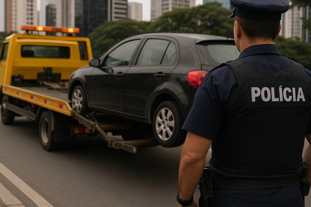 Policial observa um carro com multas sendo guinchado